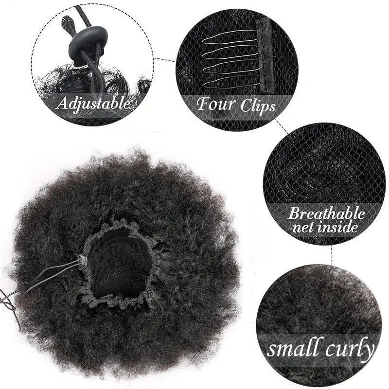 Clip in Human Afro Puff Drawstring Ponytail Bun Scrunchie Updo Chignon Hairpiece