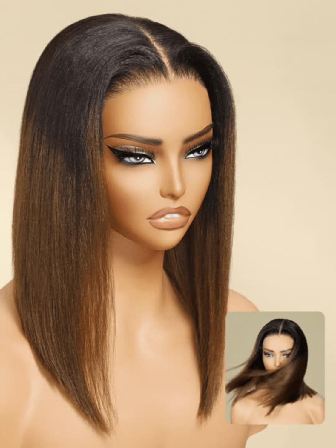 Nadula Ombre Brown Yaki Straight Bob Wig Human Hair – Glueless Pre Cut 7×5 HD…