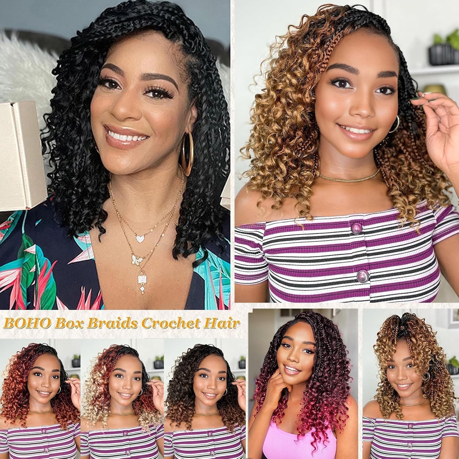 14 Inch Goddess Box Braids Crochet Hair Curly Ends 9 Packs Pre Looped Boho Cr…