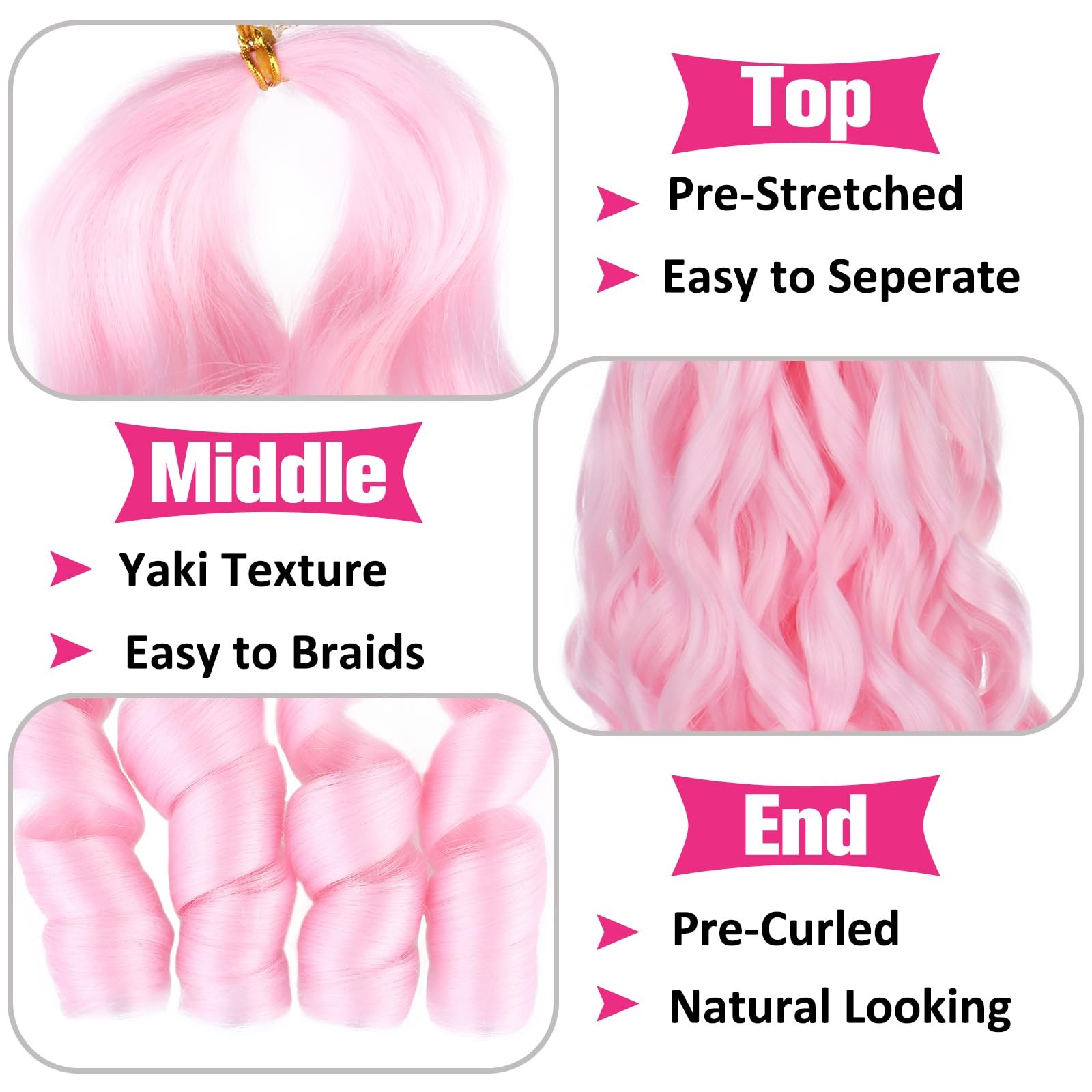 Union Beauty Pink French Curl Braiding Hair 22 Inch Curly 8 Packs Pre Stretched