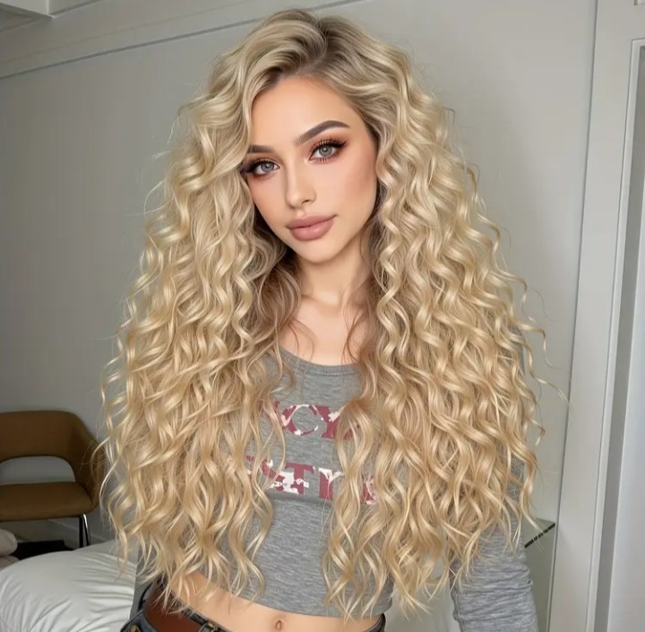 28 Inch High-temperature Silk 13*6 Long Curly Hair Wig, Lace Wig Golden Split…