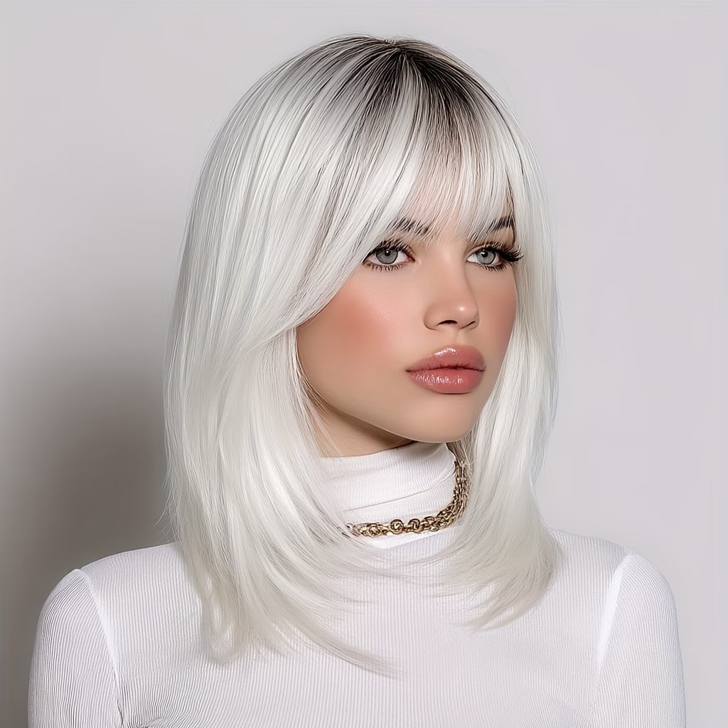Ombre Straight Full Bang Bob Long Synthetic Wig for Women Fashion Daily Cosplay