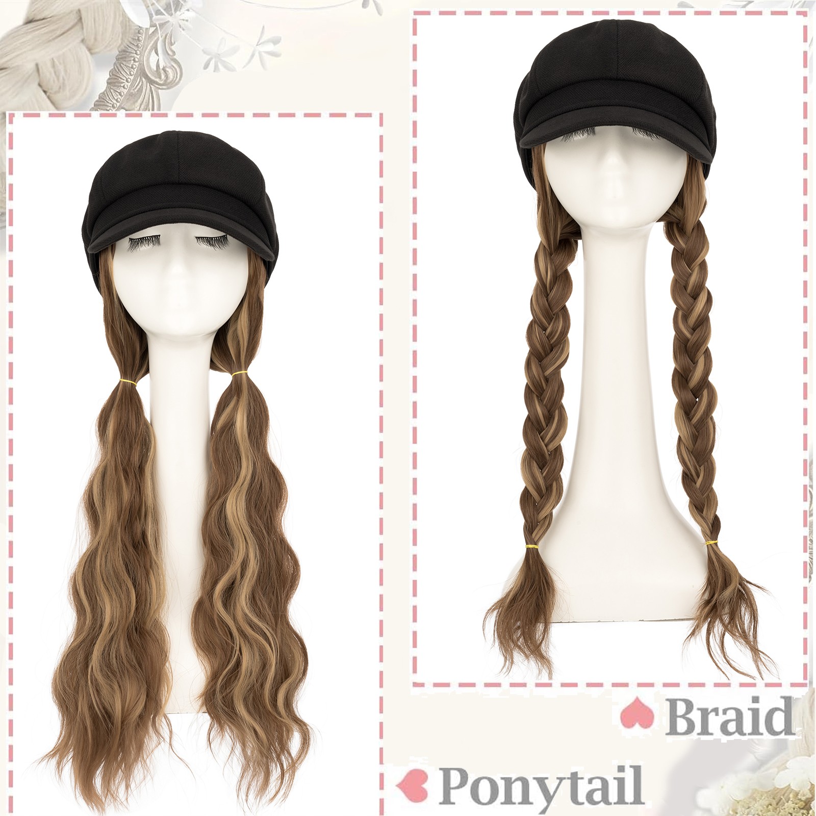 Women Beret Newsboy Hat Cap with 18″ Wavy Synthetic Hair Extensions Hairpiece US