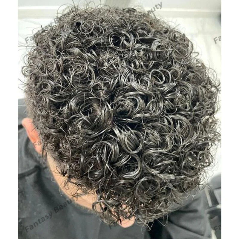Black Natural Loose Curl 18mm Curly Men Toupee Durable Thin Skin Full Pu Base