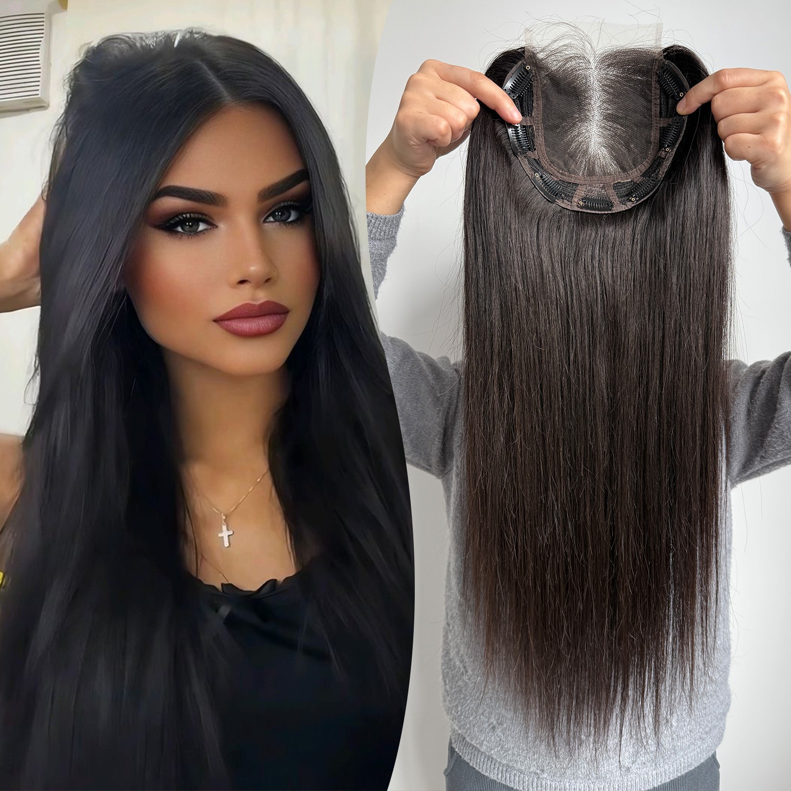 Real Remy European Human Hair Extensions Lace Closure Topper #1b Black For Woman