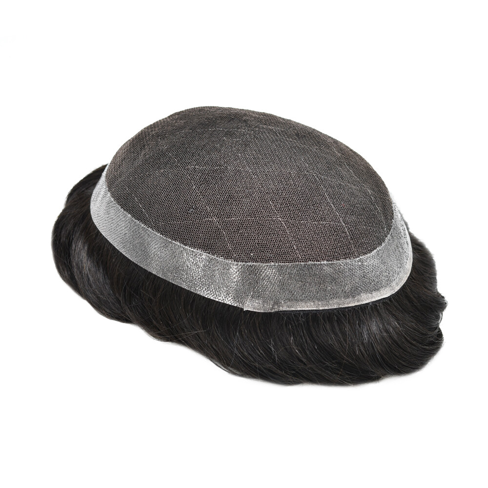 Mens Toupee French Lace Human Hair Replacement System Poly Skin PU Hairpiece Wig