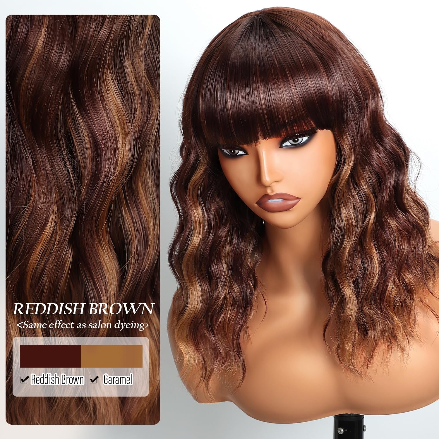 Short Wavy Bob Wig with Bangs Caramel Reddish Brown , Wavy 16″ Soft & Silky #F2