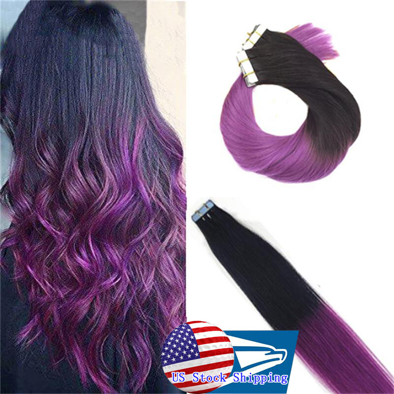 Durable Tape In Remy Human Hair Extensions Skin Weft Ombre Highlight 20-40pieces