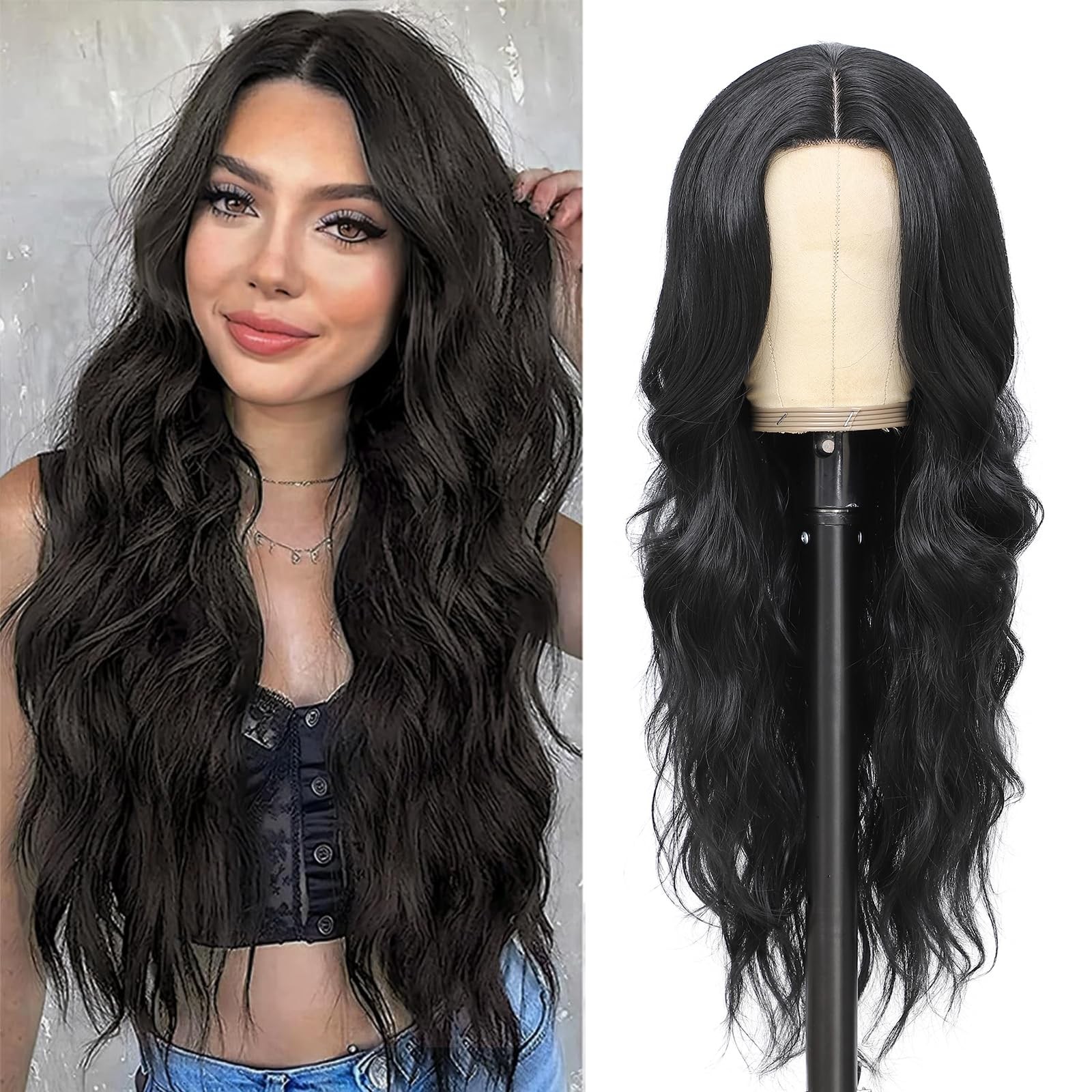 Black Wigs for Women Middle Part Long Wavy Wig 26 Inch Lace Hairline Natural …