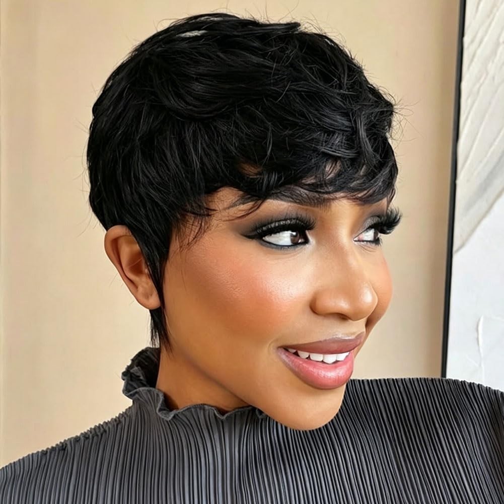 Natural Human Hair Black Pixie Cut Wig with Bangs