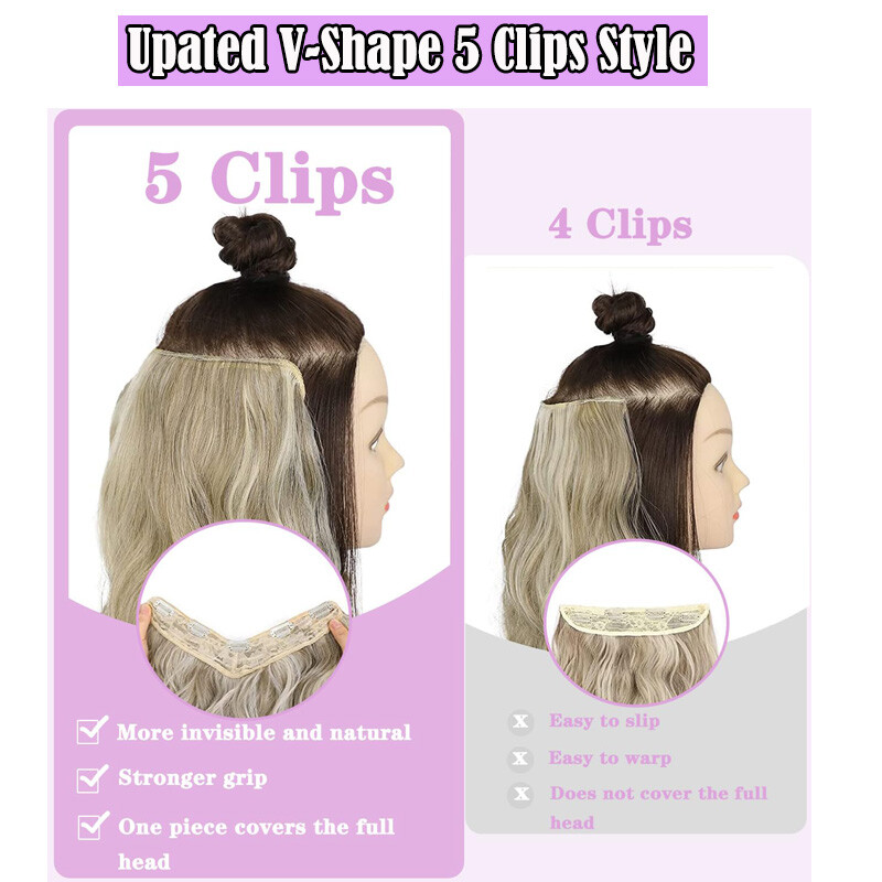 Clip In Human Hair Extensions One Piece Clip On Weft V-Shape For Women Thick US