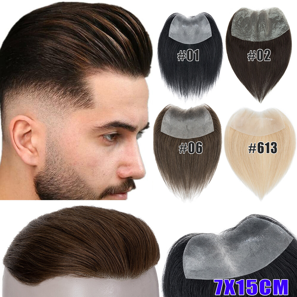 Front Mens Toupee 100% Human Hair Piece V-LOOP Toupee Natural Hairline Full PU