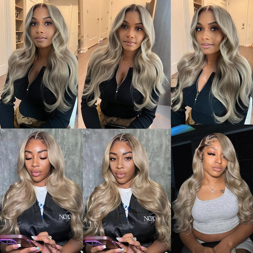 20 Inch Ash Blonde Body Wave Lace Front Wig – Human Hair, Brown Roots, 200 Densi