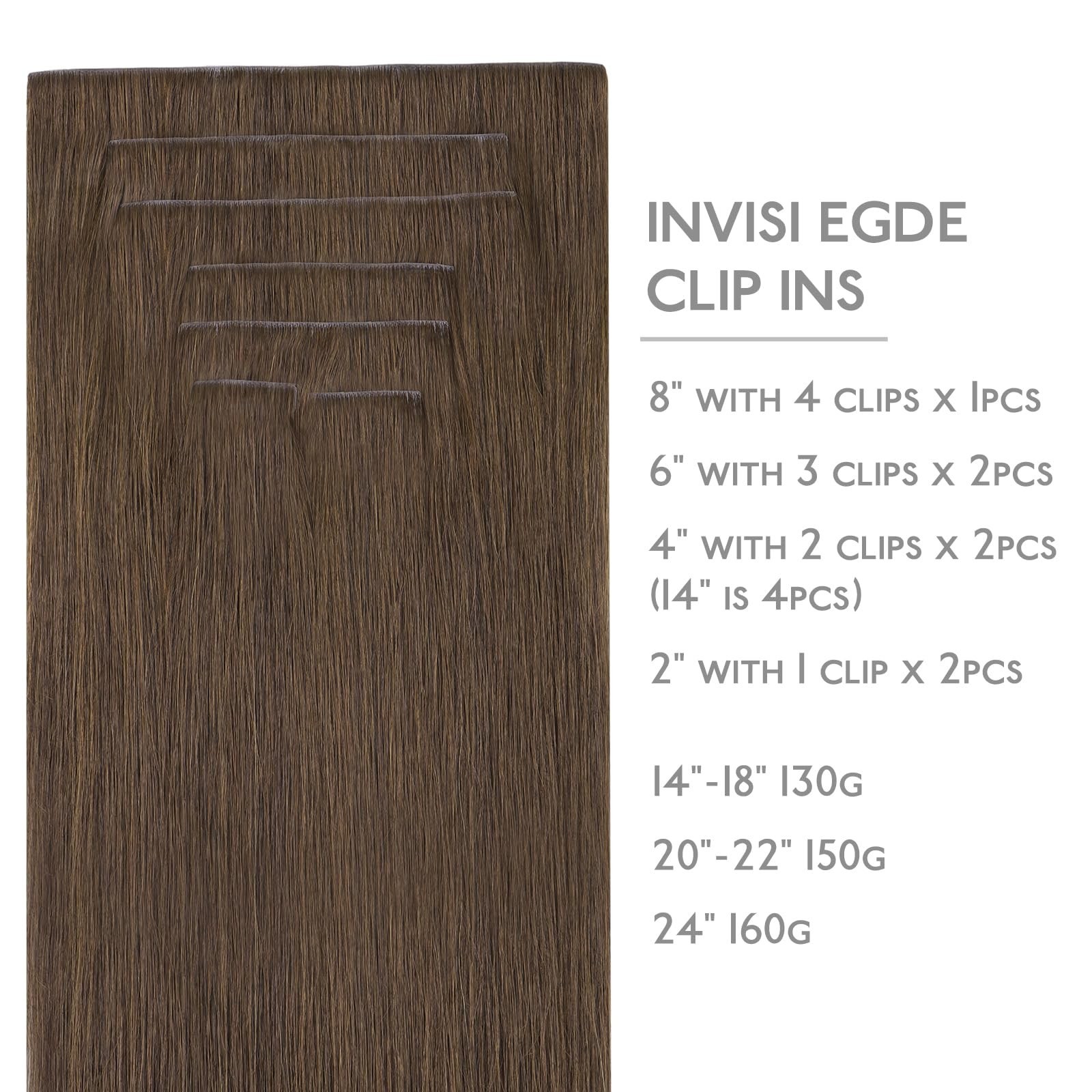 Seamless Clip-In Hair Extensions 18″ 130g Real Human Hair, Muted Light Brown, 7p