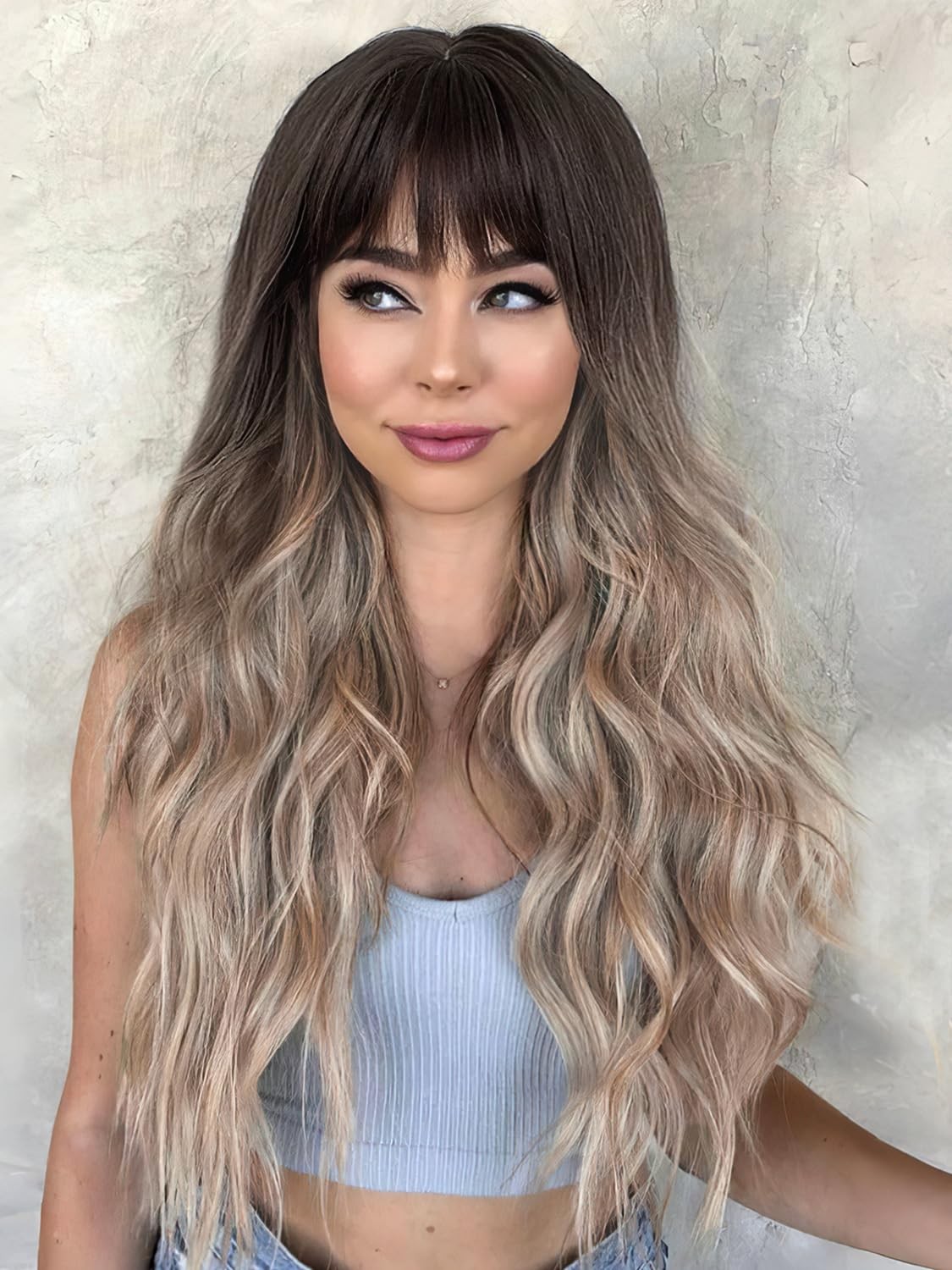 26 Inch Curly Wavy Wig with Bangs Synthetic Hair for Women Natural Looking Ha…
