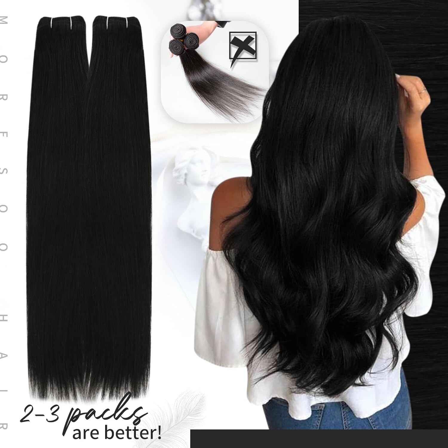 Versatile 100g Sew In Hair Extensions – Double Weft, Off Black, 20 In Length