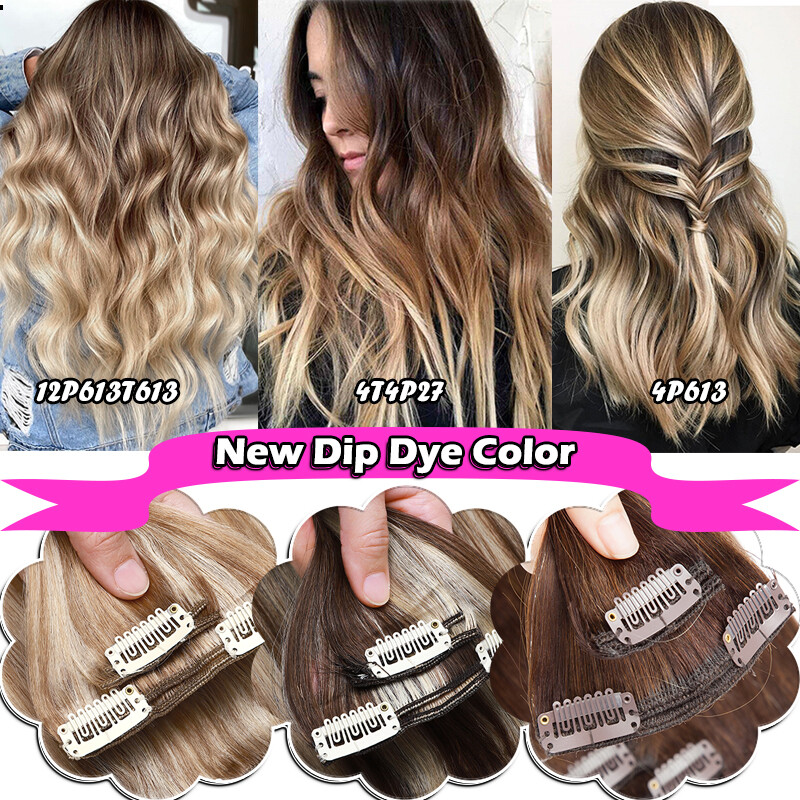 Double Weft Thick Clip In Extensions Virgin Human Hair Balayage Ombre Full Head