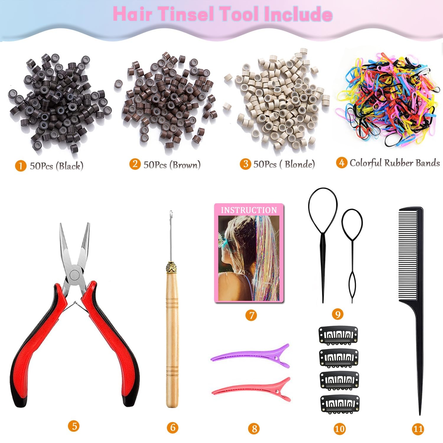 Hair Tinsel Kit (20 Colors, 8800 Strands, 48 48 Inch, 20 Colors