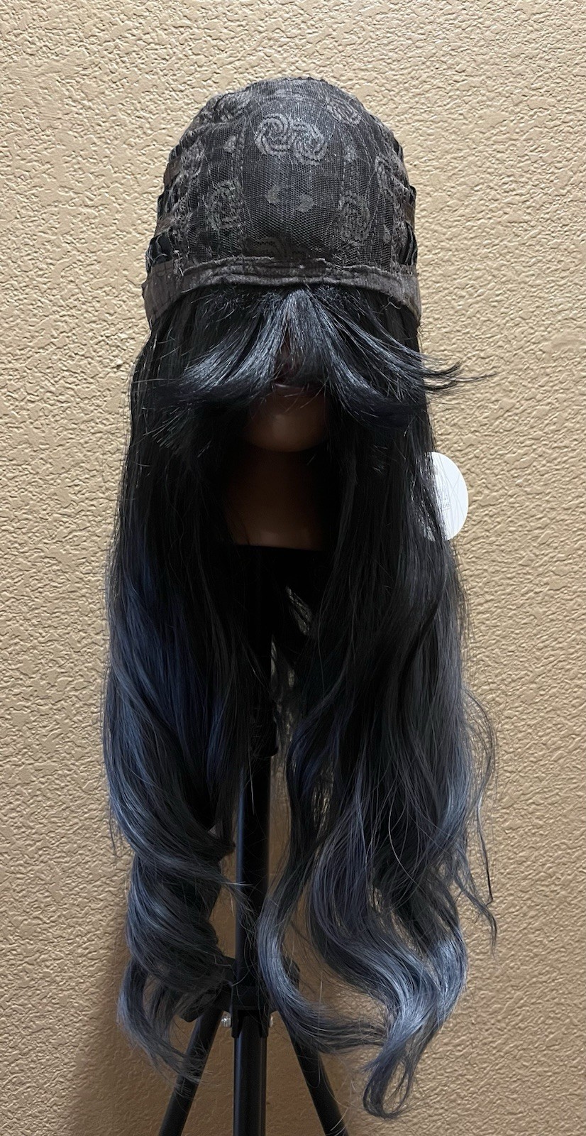 Long Black to Blue Ombre Synthetic Wig | Soft Waves with Full Bangs | Adjustable