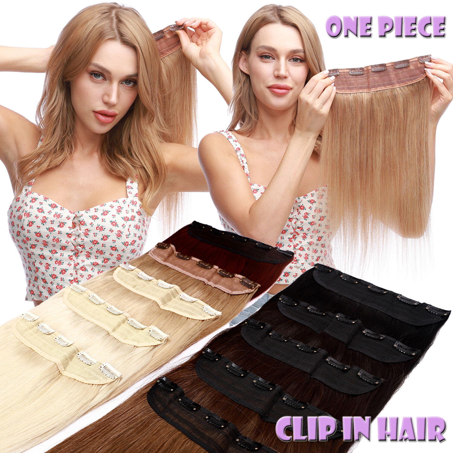 Thick One Piece Clip In Human Hair Extensions 100% REAL Remy Weft Full Head 24″