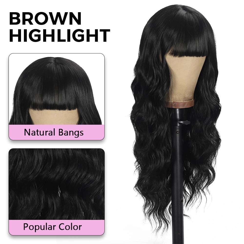 Black Wig with Bangs Curly wavy Wig for Women Long Natural Black wavy wigs skin-