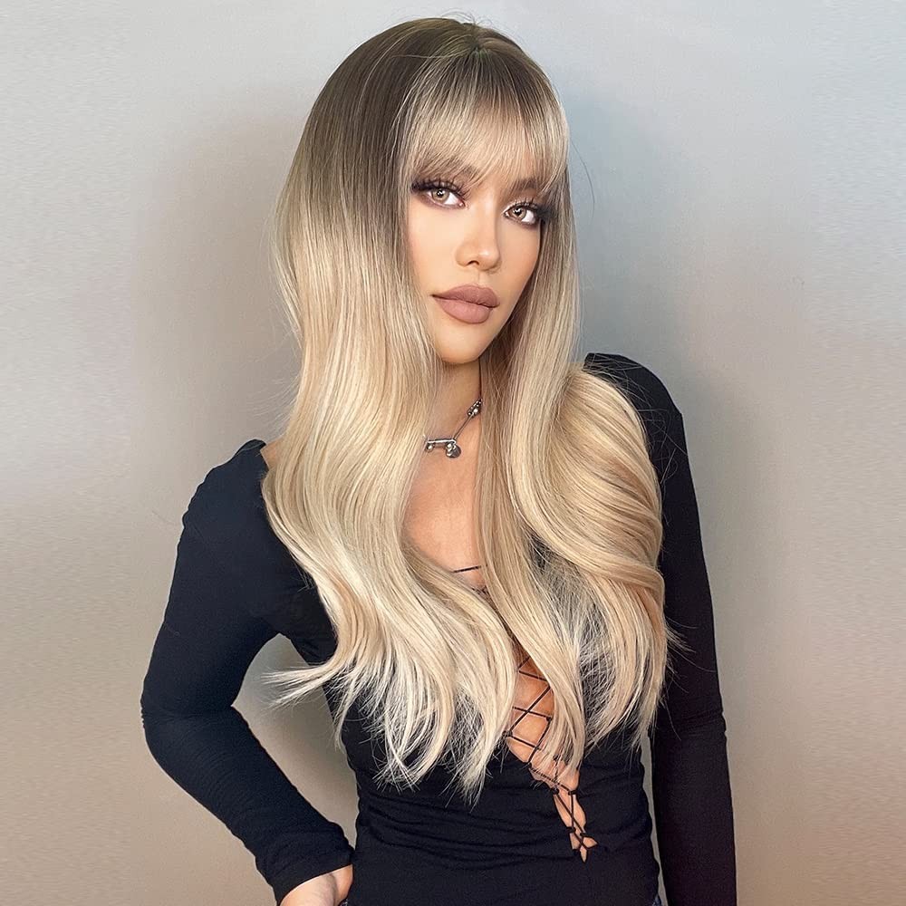 Long Wave Blonde Wig with Bangs,Ombre Blonde Wigs for Women Heat Resistant Fi…