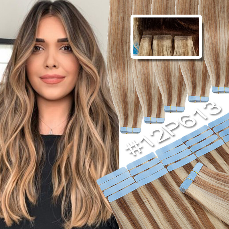Invisible Tape In Remy Human Hair Extensions Skin Weft Balayage Full Head 150g