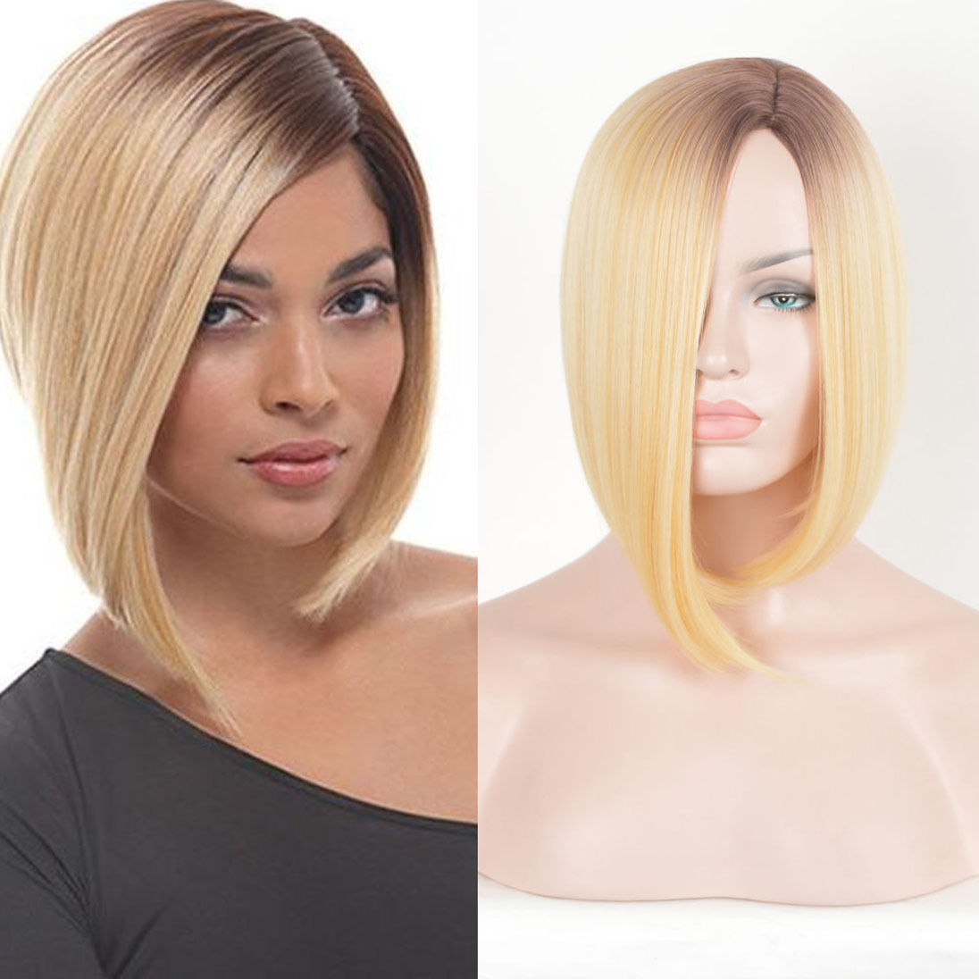 Blonde Straight Bob Style Hair Dark Root Ombre Synthetic Wigs Women Short Wig