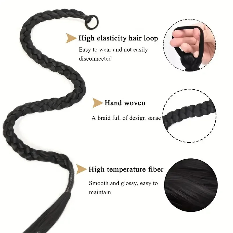 Long Synthetic Straight Braided Hair Extension Elastic Band Clip-in Hairpiece