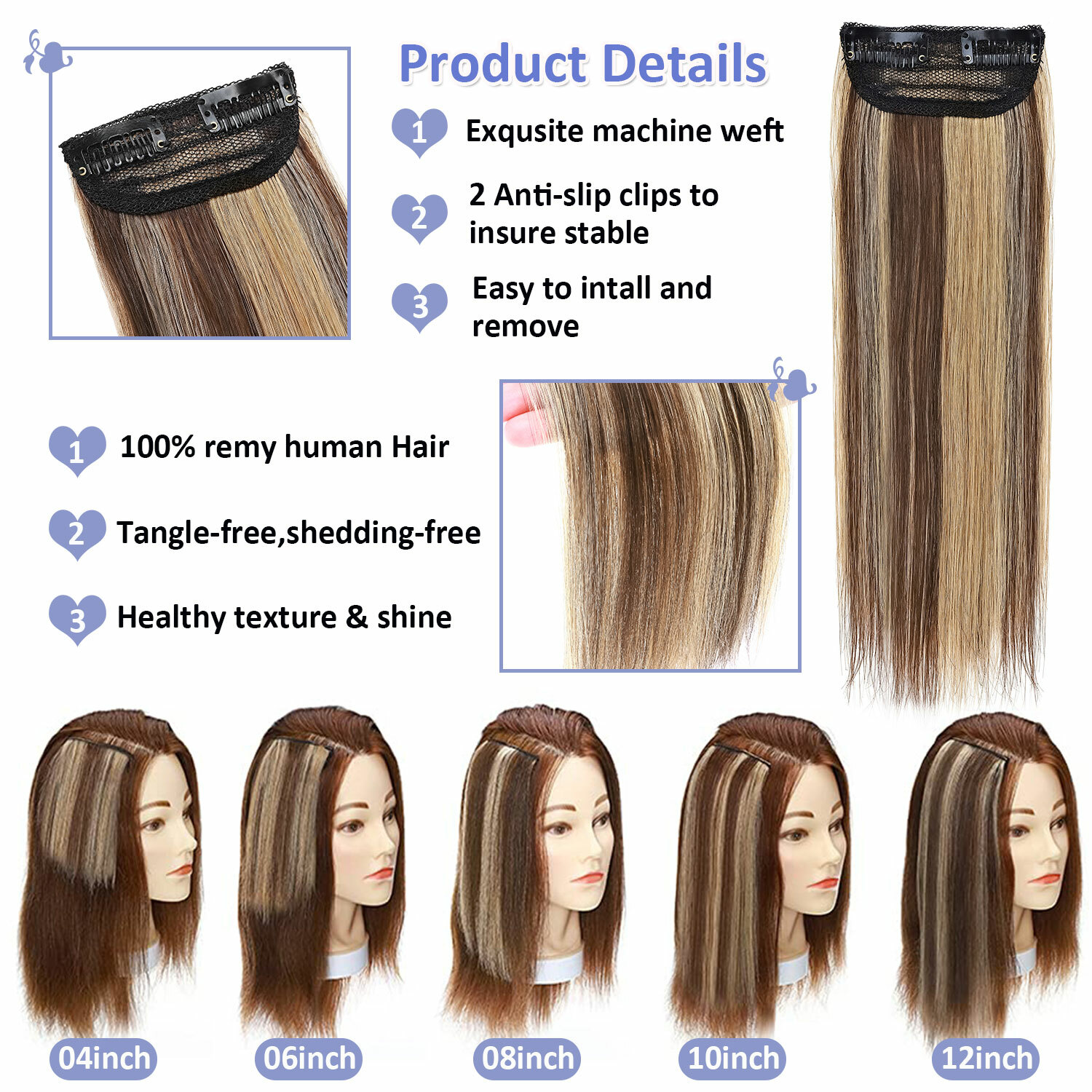 4″-12″ Short Hair Pad Clip In Real Remy Human Hair Extensions One Piece Blonde Q