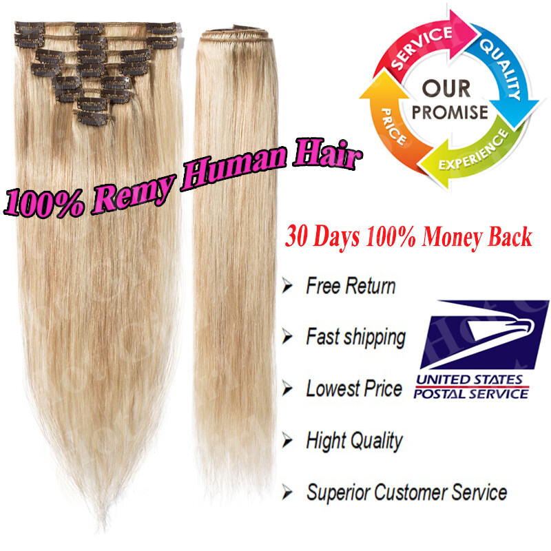 100% Natural Remy Clip in Hair Extensions 8 Full Head Real Human Hair US Seller