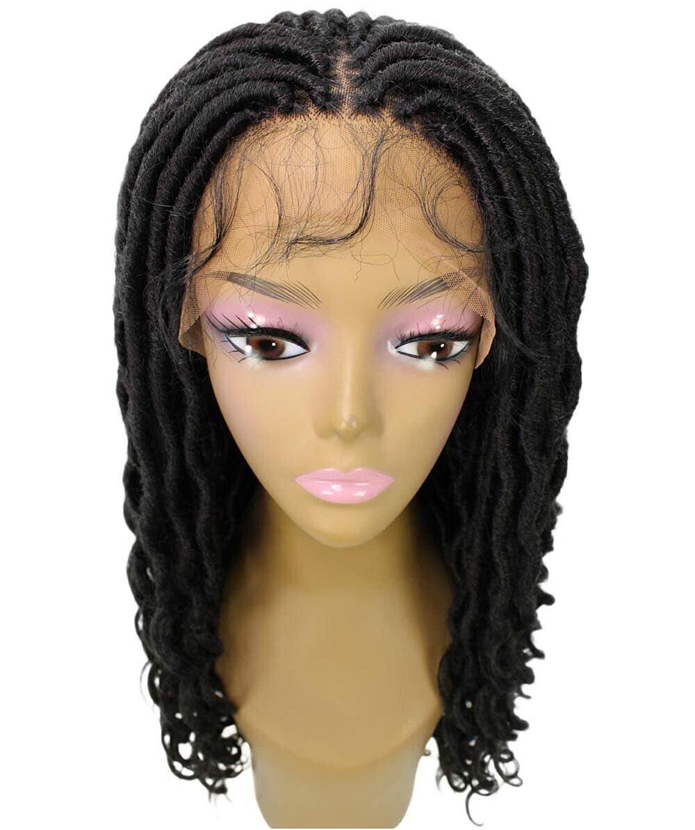 LUXLUXE Andrea 4×4 Curly Long 4X4 Hand Tied Lace Braid Black Wig