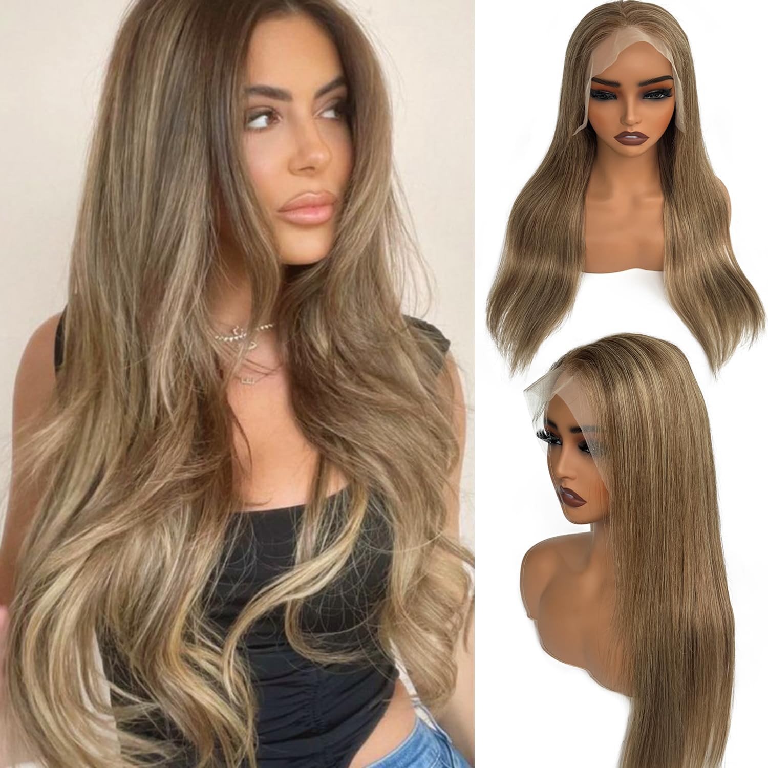Valiilo Ash Blonde Human Hair Wig 13X6 Light Brown Mixed Ash Blonde 180 Density