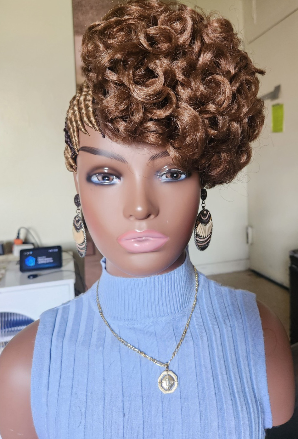 Fully Hand Braided box curly Mohawk braids cornrow wig Brown/Dark brown