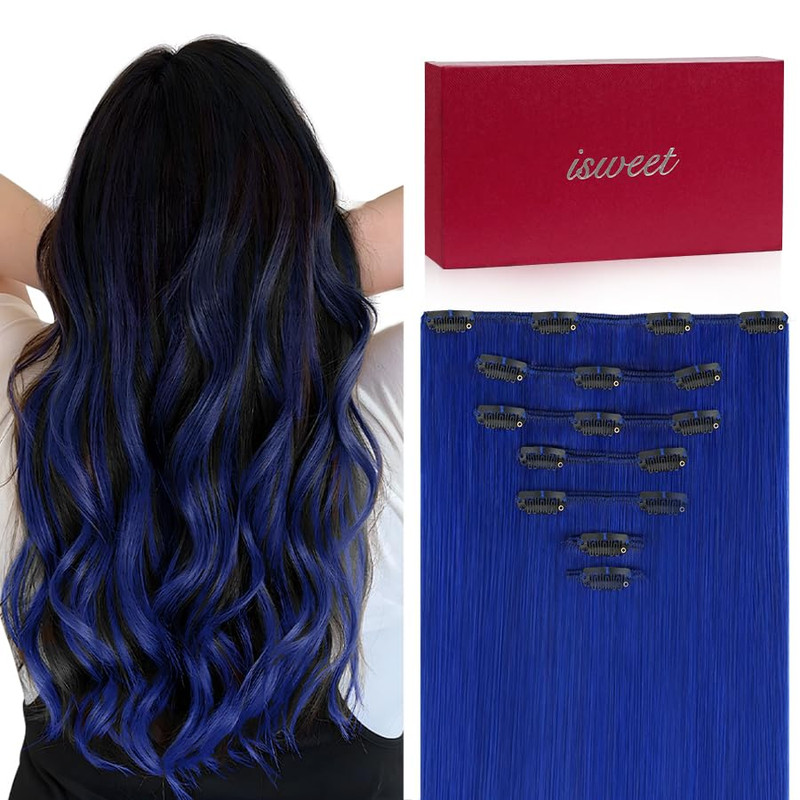 Isweet Straight Clip In Hair Extensions Real Human Hair 7Pcs 20 Inch 110G Blue