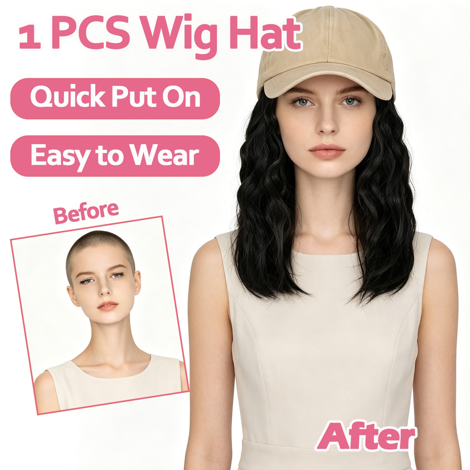 Instant Style 8″ Curly Wavy Cap Wig Adjustable Baseball Hat with Attached Hair M