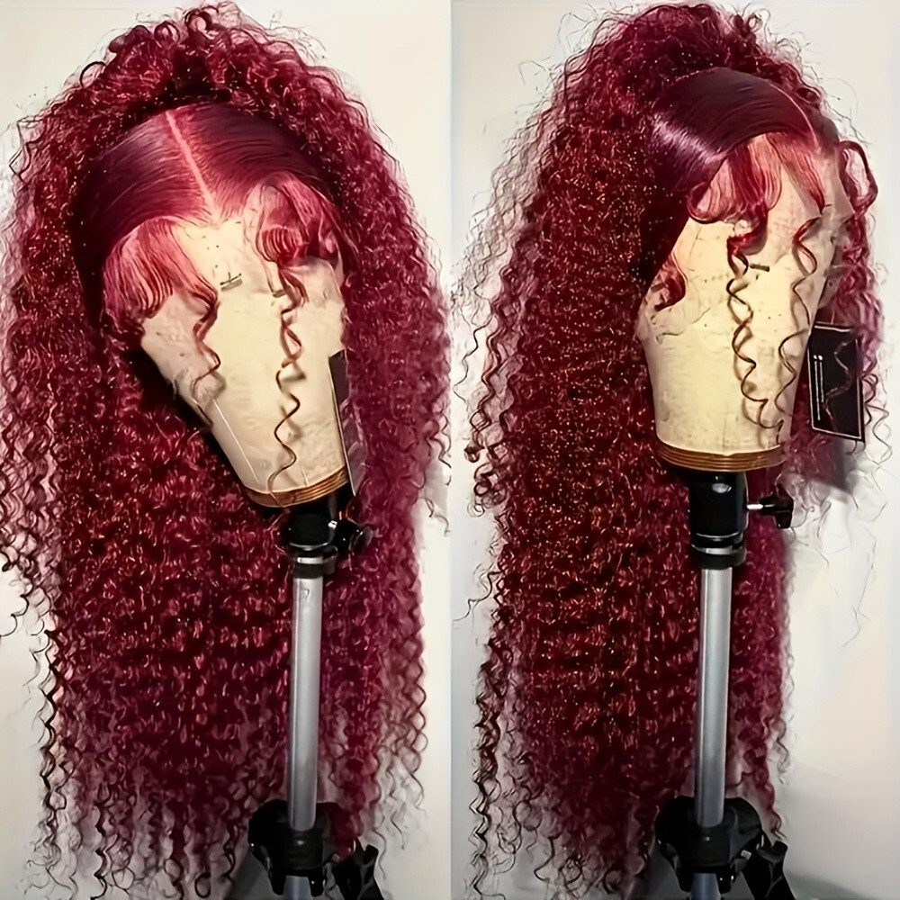 Long Curly Lace Front Wigs Burgundy Wine Red Hair Pre Plucked Natural Hairline