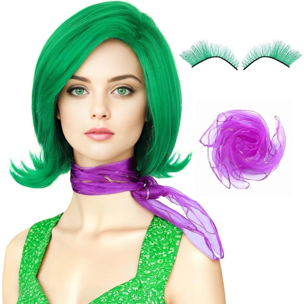 Adult Green Wig with Purple Scarf Green False Eyelashes Cosplay St. Patty’s Day