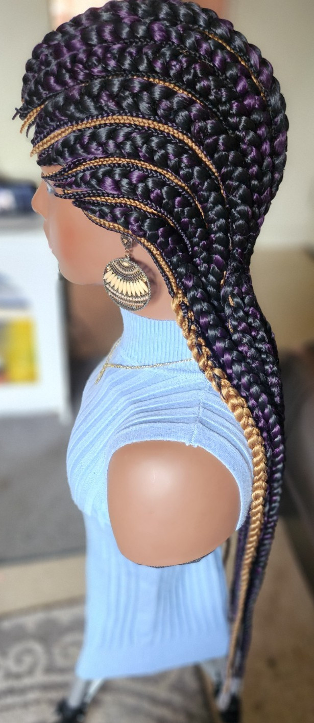 Fully hand braided Ghana banana cornrows wig All back down 1B mix dark purple/27