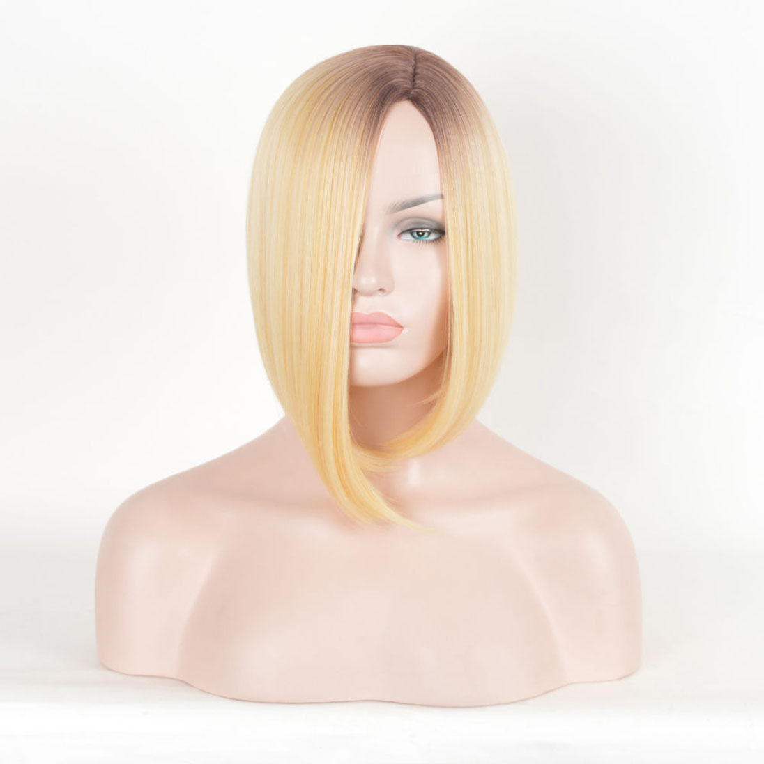 Blonde Straight Bob Style Hair Dark Root Ombre Synthetic Wigs Women Short Wig