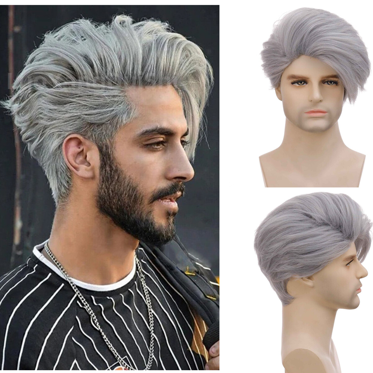 Men’s 10in Short Straight Gray Wig Heat Resistant Synthetic Full Cosplay Party