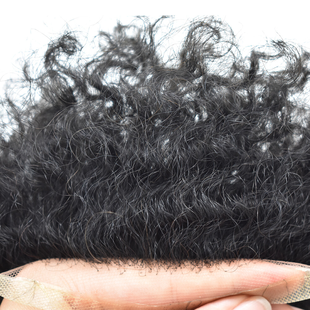 Afro Curl Mens Toupee Lace Front Poly Hairpiece African American Human Hair Unit