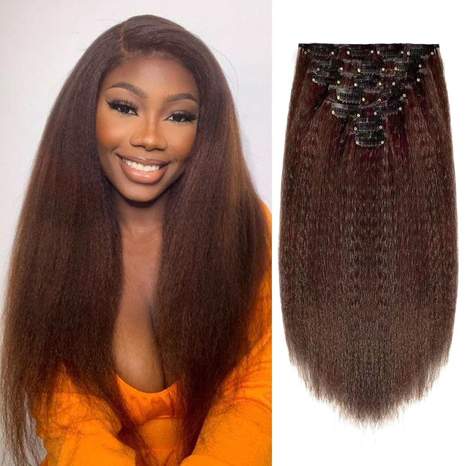 12 Inch Yaki Kinky Synthetic Clip in Hair Extensions 7 PCs 95g #4 Dark Brown
