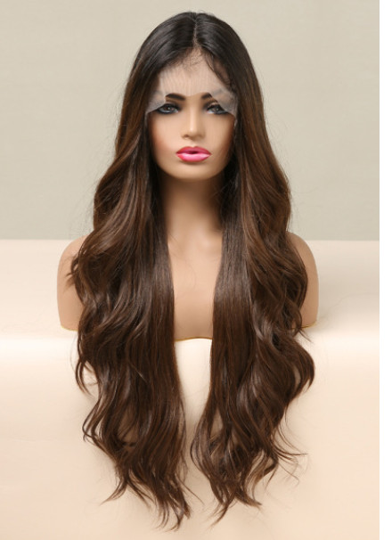 Long Wavy Rooted Brown 13X6 Inches Lace Front Human Hair Blend Heat Ok Wigs