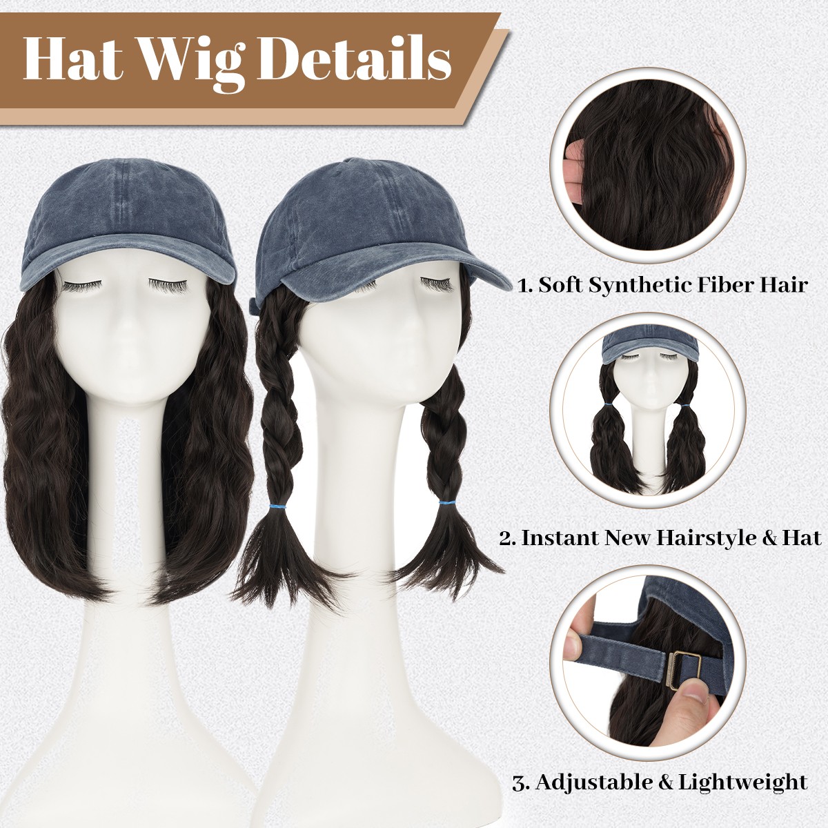 Baseball Cap Hat Hair Wig with 8″ Synthetic Wavy Curly Hair Adjustable Cap Wig