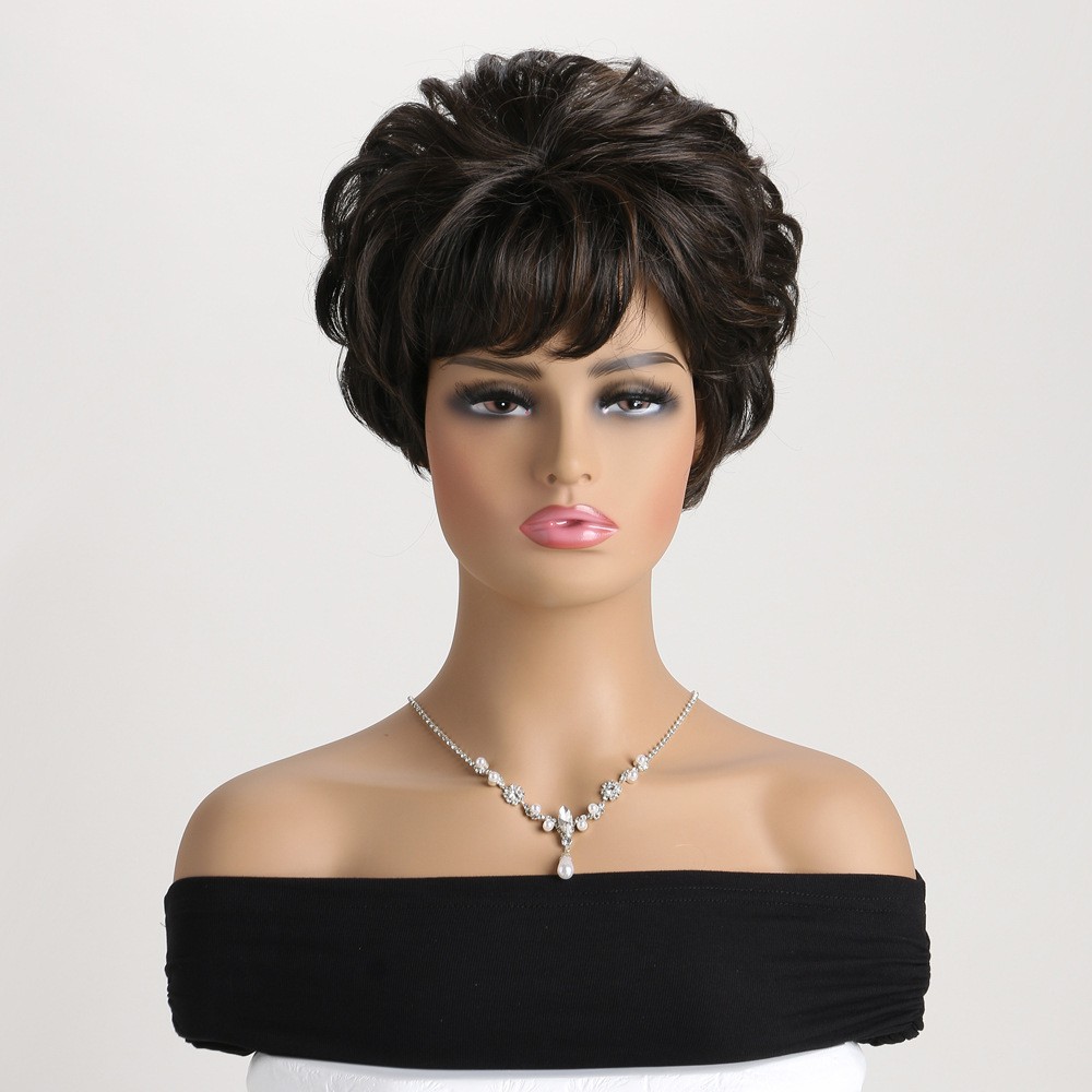 Natural Highlight Wavy Wig Short Layered Brown Black Hair Women’s Side Bang Bob