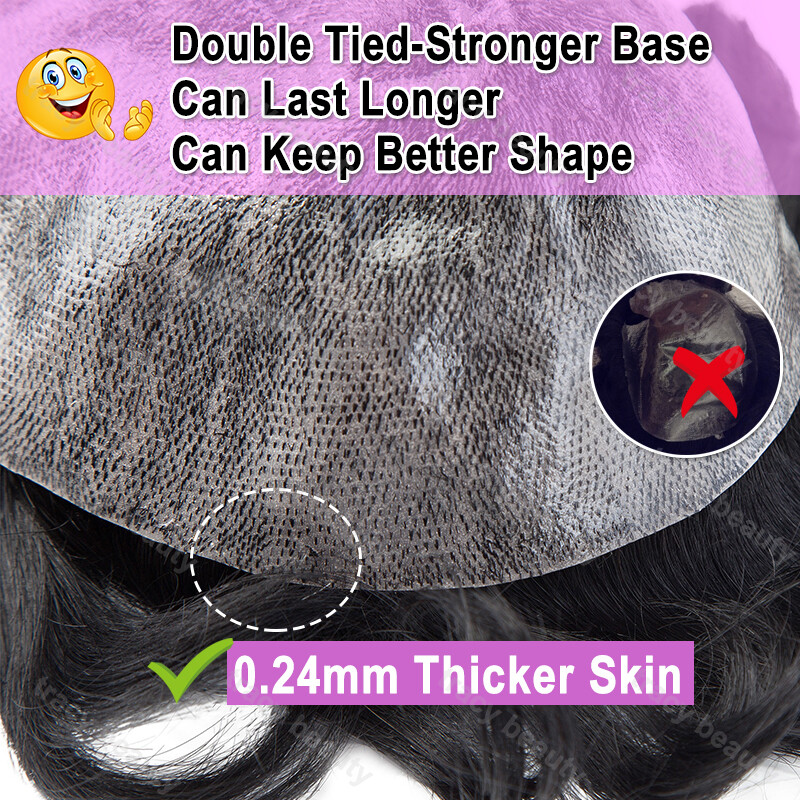 Mono PU Human Hair Extensions Mens Toupee Replacement System Top Piece Curly USA