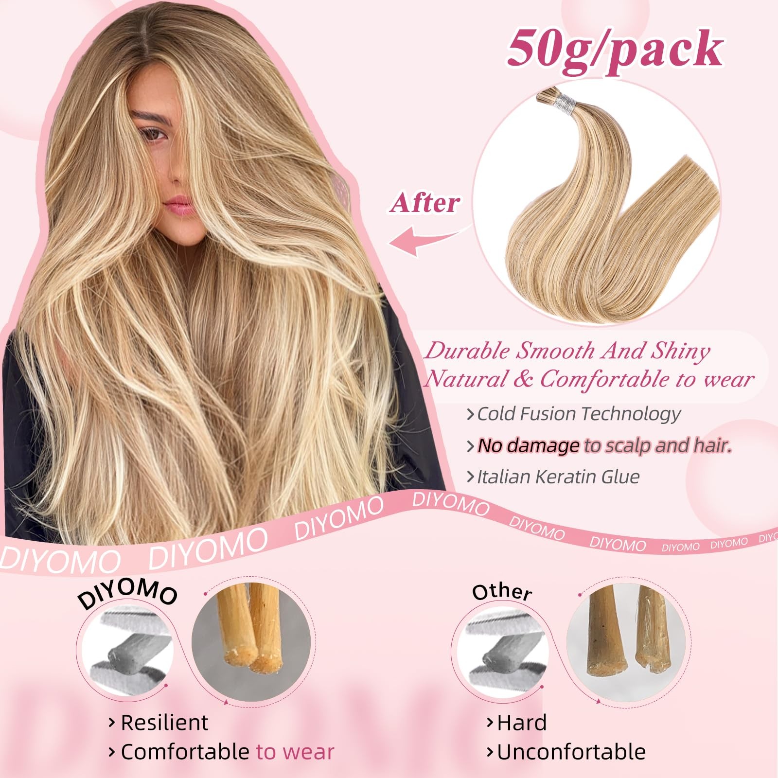 Diyomo I Tip Hair Extensions – Human Hairash Brown Highlighted Bleach Blonde 18