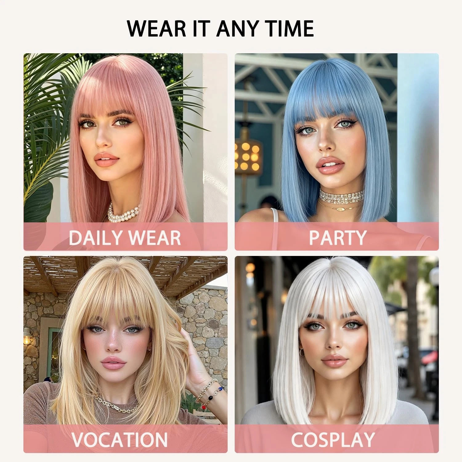 14″ Pink Short Bob Wig with Bangs – Synthetic Cosplay Hair for Women