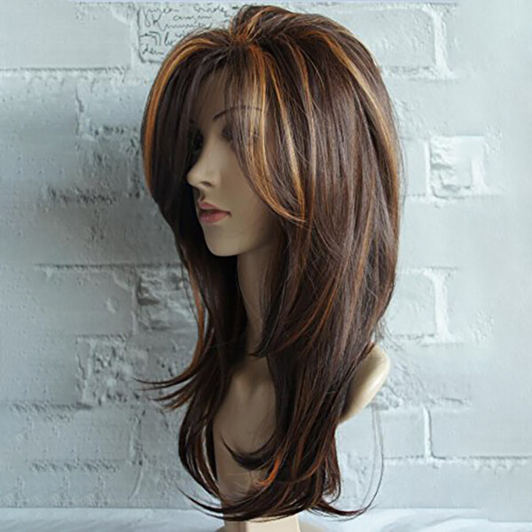 Dark Brown w/Gold Highlight Ombre Shoulder Length Wig Women Synthetic Curly Hair